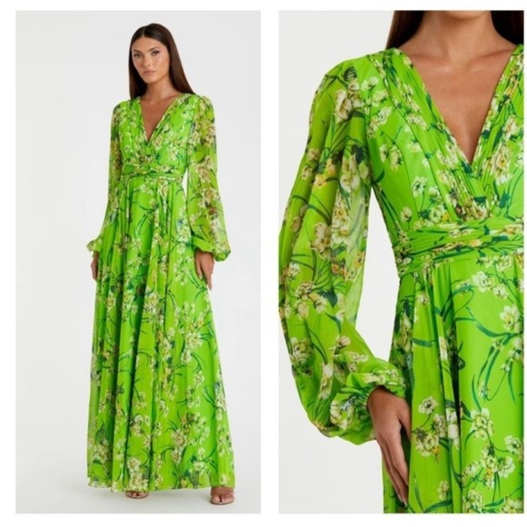 Mac Duggal Dresses & Skirts - Ieena Mac Duggal Green Floral Chiffon V-Neck Maxi Dress Gown Size 14 Romantic